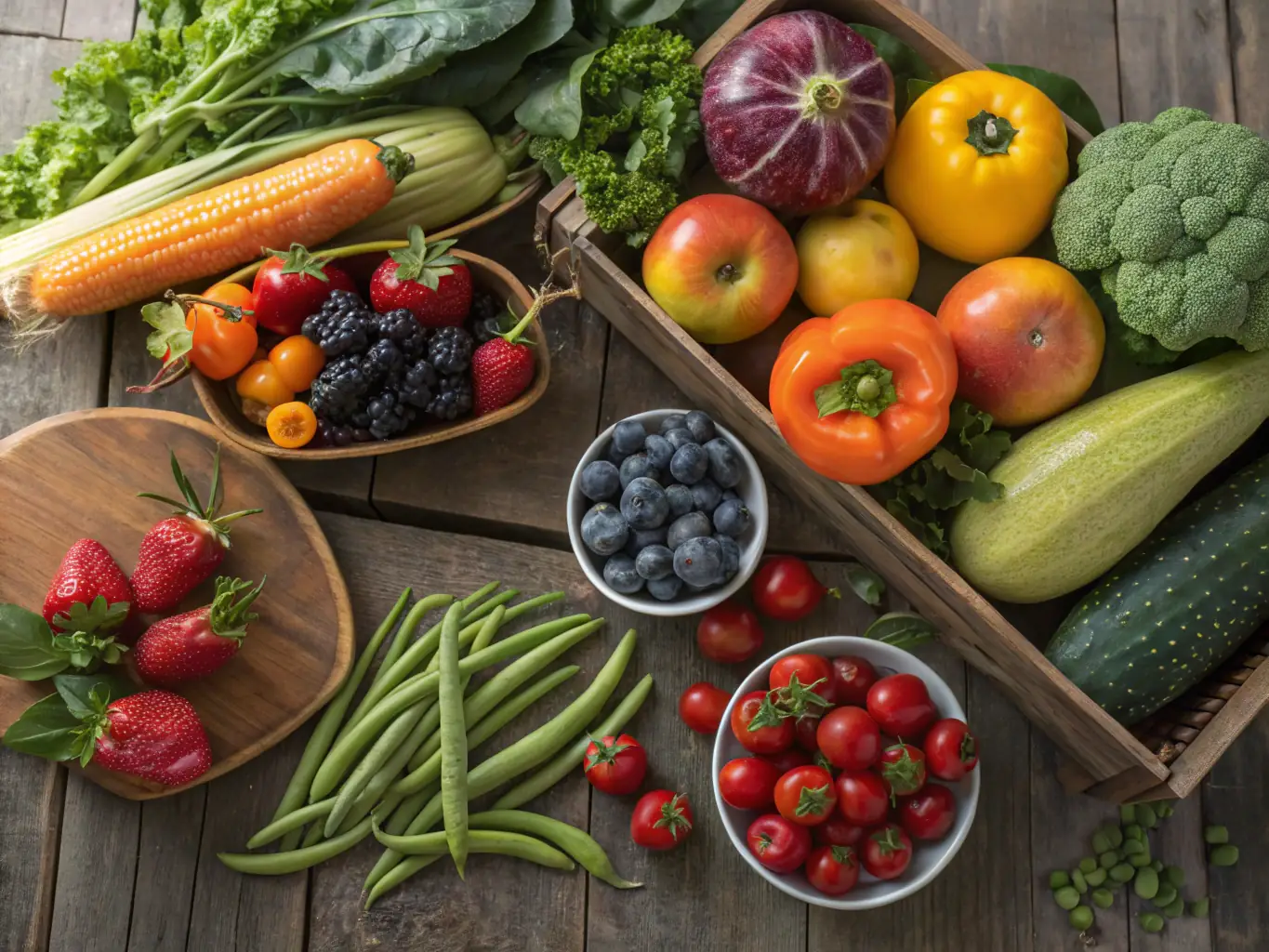 A vibrant image showcasing a variety of healthy and colorful meals, emphasizing fresh fruits, vegetables, lean proteins, and whole grains, arranged artfully on a wooden table, symbolizing the diversity and appeal of a balanced diet.