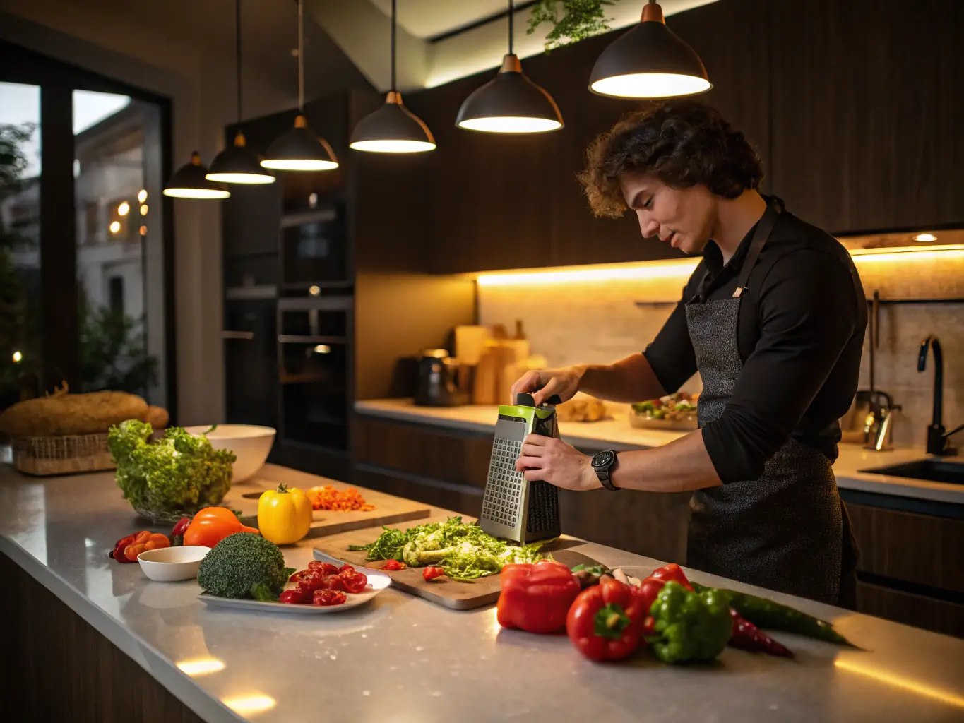 A dynamic image featuring a person actively preparing a healthy meal in a modern kitchen, chopping vegetables with a focused expression, highlighting the hands-on approach to meal preparation and the importance of fresh ingredients.
