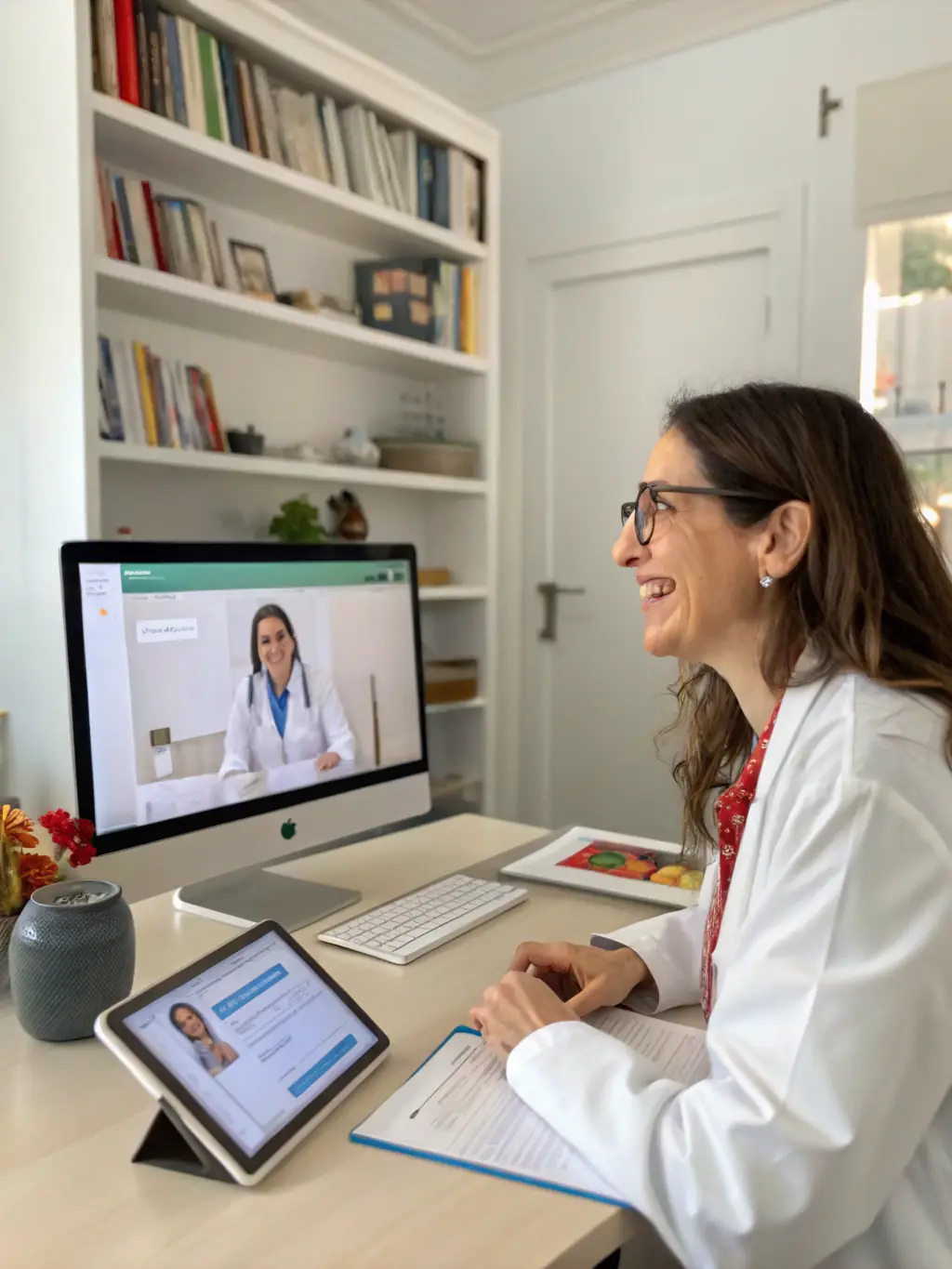 A close-up shot of a registered dietitian providing online dietary guidance to a client, discussing healthy food choices and portion sizes.