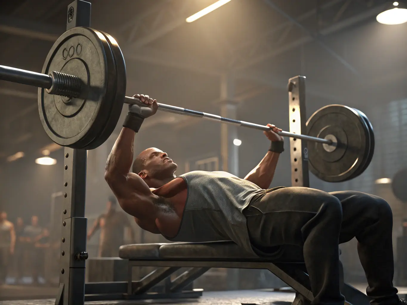 A muscular person is lifting dumbbells in a well-equipped gym, showcasing strength and definition, with a focus on proper form and muscle engagement.
