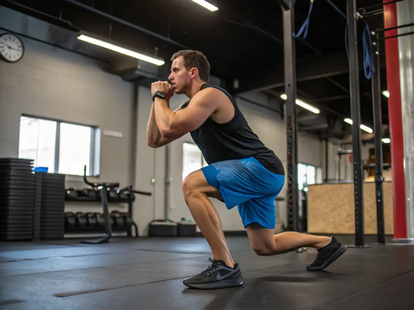 A person is doing squats with a barbell in a modern home gym, focusing on form and technique, guided by a virtual personal trainer on a tablet.