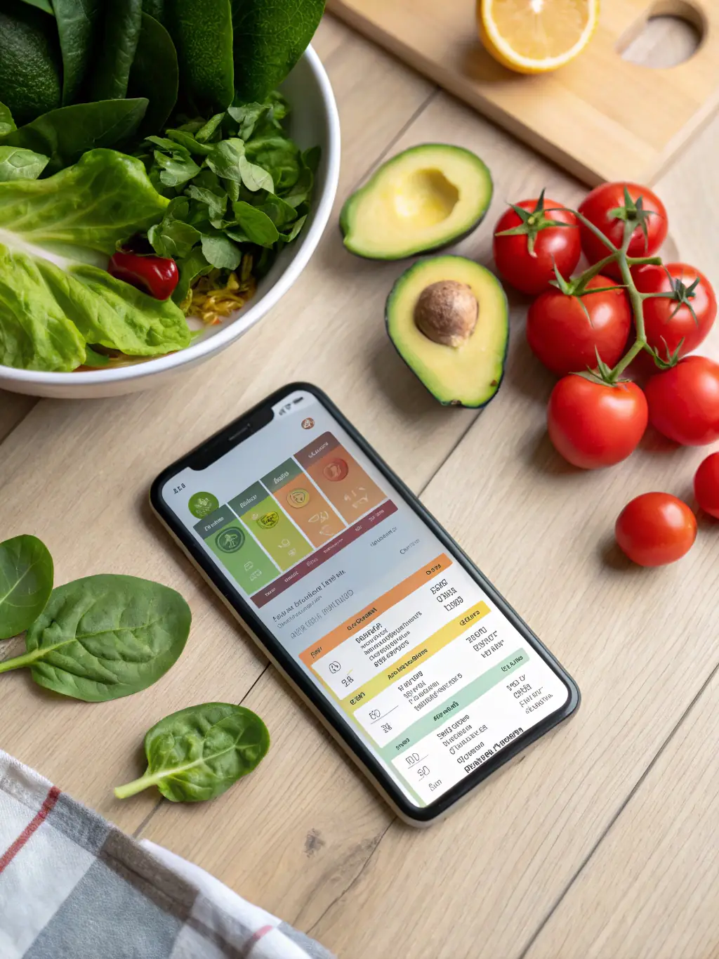 A vibrant image of a personalized meal plan displayed on a tablet, surrounded by fresh, colorful fruits and vegetables, emphasizing the variety and healthiness of the diet.