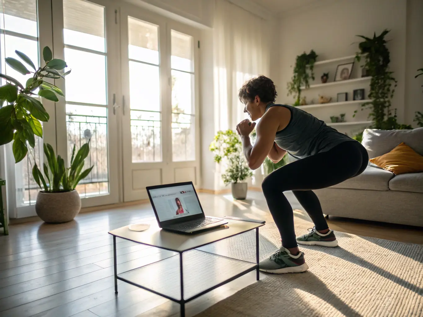 A dynamic image showcasing a Fitando client engaged in a personalized online fitness training session, with a certified trainer providing real-time guidance via video call. The client is performing a bodyweight exercise in a well-lit home setting, emphasizing the convenience and effectiveness of Fitando's virtual training approach.