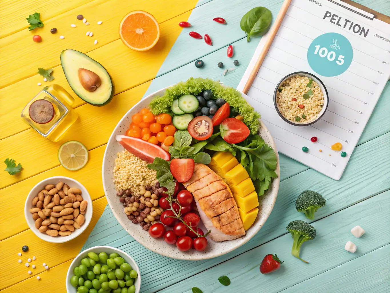 An image of a healthy meal plan displayed on a tablet with fresh fruits and vegetables, representing Fitando's nutritional coaching services.