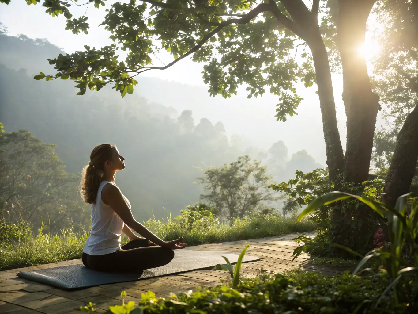 A person is doing yoga in a serene environment, emphasizing flexibility, balance, and mindfulness, with a focus on overall well-being and stress reduction.