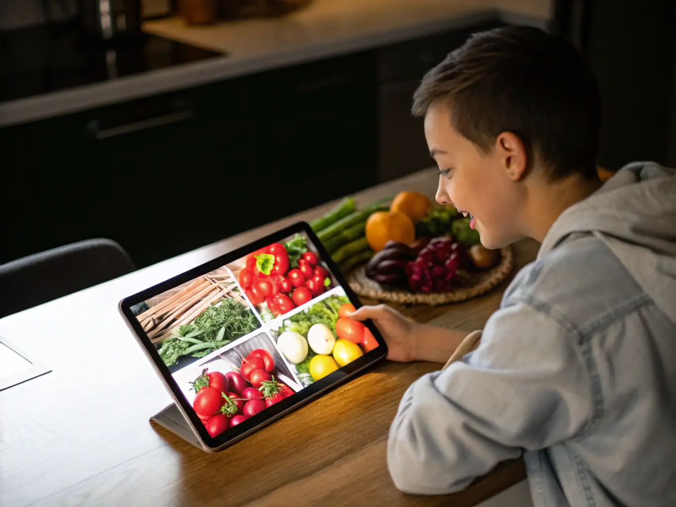 A vibrant image featuring a Fitando client reviewing a personalized meal plan on a tablet, surrounded by fresh, colorful fruits and vegetables. The scene highlights the integration of technology and healthy eating habits in Fitando's nutritional coaching program, emphasizing the ease and accessibility of achieving dietary goals.