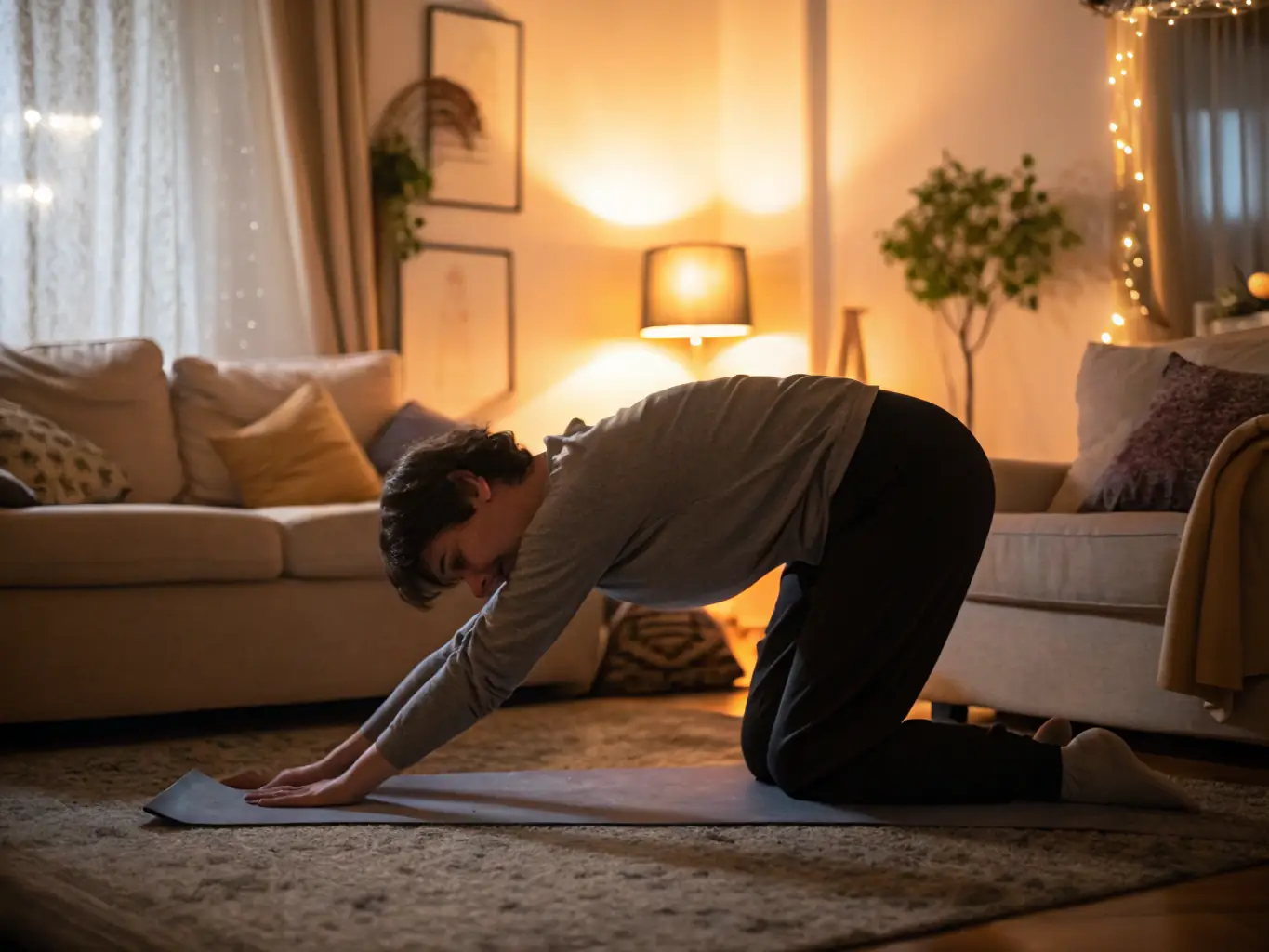 An image of a client performing a workout at home with a trainer guiding via video call, showcasing Fitando's personalized online fitness training program.